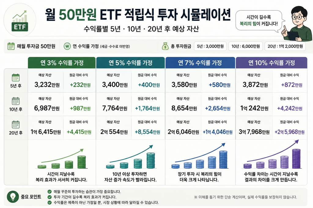 월 50만원 ETF 투자 수익률별 5년 10년 20년 예상 자산