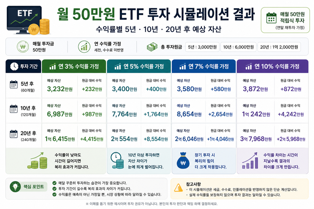 월 50만원 ETF 장기투자 복리 시뮬레이션 결과
