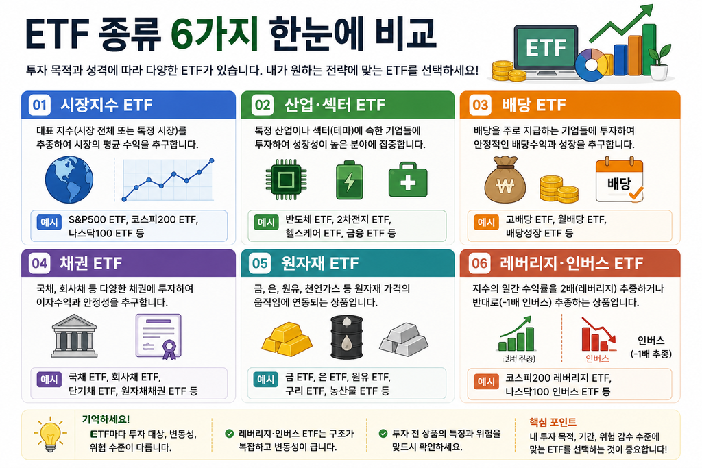 시장지수 배당 채권 원자재 레버리지 ETF 종류 비교
