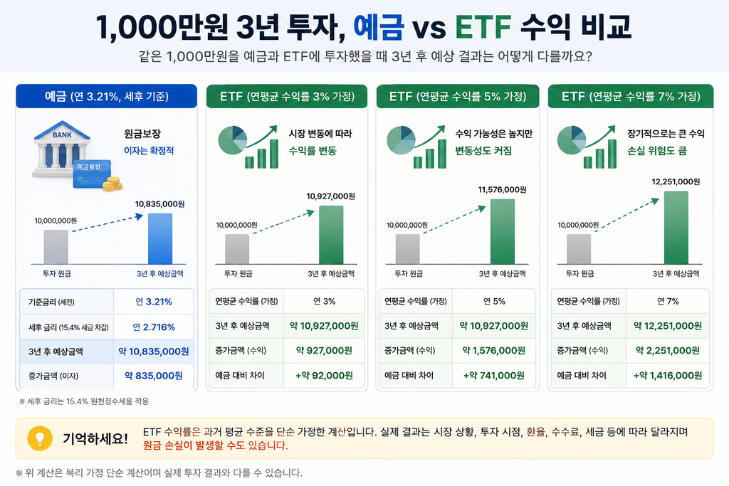 1000만원 예금 ETF 3년 후 금액 비교