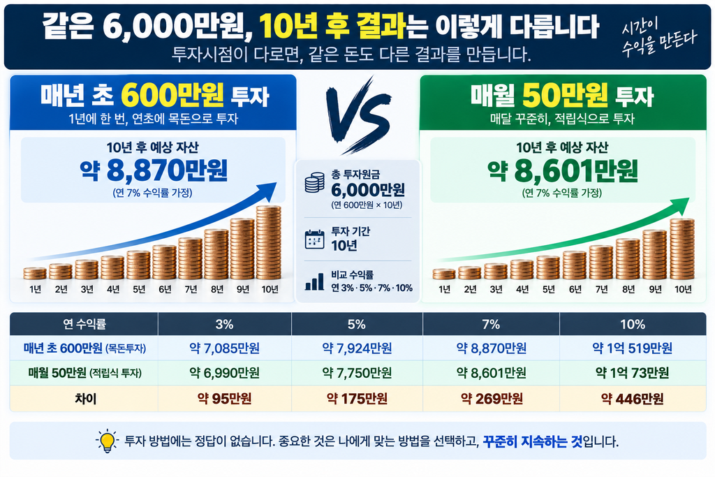 매달 50만원과 매년 600만원 ETF 10년 투자 결과 비교